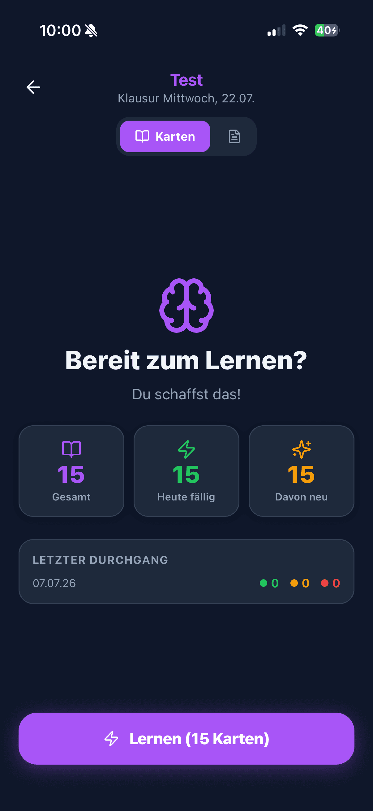 ReplioAI Lernkarten mit Tagesplan und Streak